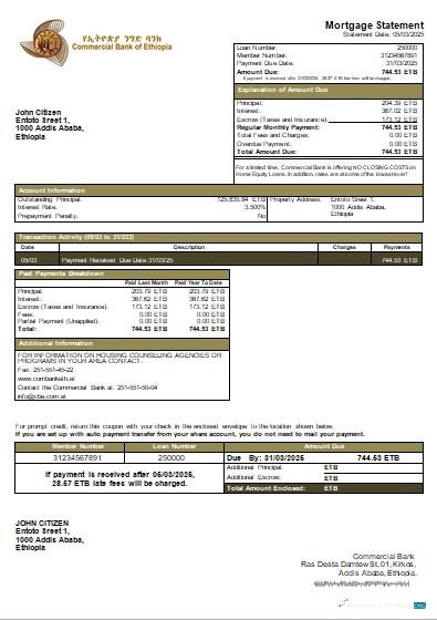Download Ethiopia Commercial Bank mortgage statement scr Photoshop template